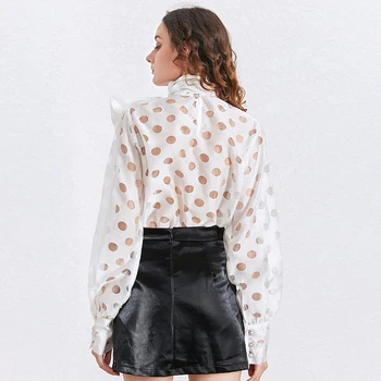 TWOTWINSTYLE Salikuma Viedokļa Dot Krekls Sievietēm Loku Apkakli, garām Piedurknēm Gadījuma Eleganta Blūze Sieviešu Modes Jauns Stilīgs