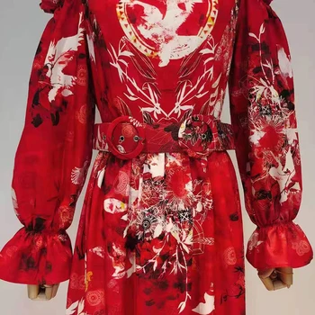 TWOTWINSTYLE Vintage Dobi No Raibs tērps Sievietēm Stand Apkakli Laternu garām Piedurknēm, Augsta Vidukļa Līnija, Midi Kleitas Sieviete