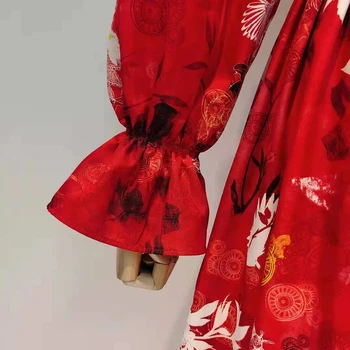 TWOTWINSTYLE Vintage Dobi No Raibs tērps Sievietēm Stand Apkakli Laternu garām Piedurknēm, Augsta Vidukļa Līnija, Midi Kleitas Sieviete