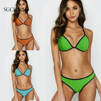 Tīrtoņa Krāsu Blue Orange Green Divas Gabals Peldkostīms Sieviešu Push Up Bikini Komplekts Backless Bangdage Vasaras Pludmales Peldkostīmi Sievietēm ir 2021.