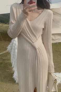 Tīrtoņa Krāsu Jaunu 2021 Elegants ar garām piedurknēm ar asimetrisku gara kleita augstās modes-line sieviešu kleita Q428