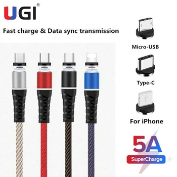 UGI 3in1 5.A Ātrās Uzlādes Kabelis Magnētisko Kabeļu Neilona Pītā IOS C Tipa USB C Micro USB Kabelis Xiaomi Oneplus HTC, Samsung