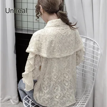Unireal 2021. Gada Pavasara Rudens Luksusa Sievietes Izšuvumi Blūze, Krekls Ar Garām Piedurknēm Vintage Frēzēšana Balta Mežģīņu Savirmot Blūze Topi