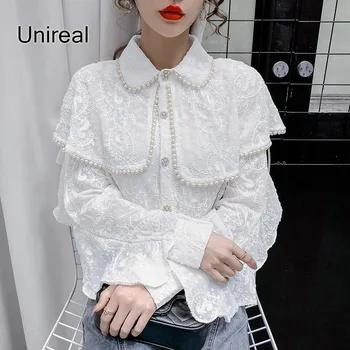Unireal 2021. Gada Pavasara Rudens Luksusa Sievietes Izšuvumi Blūze, Krekls Ar Garām Piedurknēm Vintage Frēzēšana Balta Mežģīņu Savirmot Blūze Topi