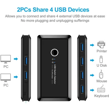 USB KVM Switch USB 3.0 2.0 Komutatoru 2 Ports Gab Koplietošanas 4 Ierīces Tastatūru, Peli, Printeri, Monitoru, USB 2.0 3.0 Pārslēdziet Selektora