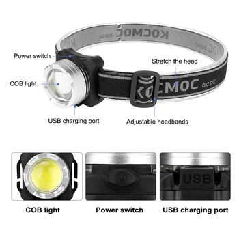 USB Lādējamu Lukturu COB LED Lukturis Portatīvo Galvas Lukturis Balts Sarkans Lukturīti, Kempinga Lampas, Velosipēdu Gaismas Iebūvēts Akumulators
