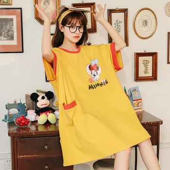 Vasaras Anime Minnie Mouse Pyjama Disney Femme Kokvilnas Kabatas Īsām Piedurknēm Zaudēt Mīksta Nakts Kleita Sievietēm Kawaii Sleepwear Dāma