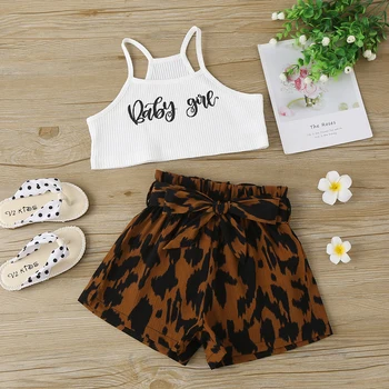 Vasaras Bērniem, Baby Meitenes Zeķu Vēstuli Iespiests T-krekls Topi Leopards Drukāt Šorti Nosūtīt Jostas Apģērbs Apģērbs