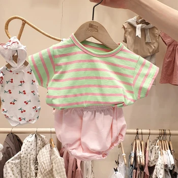 Vasaras Bērnu Apģērbu Komplekts korejiešu Stilā Toddler Zēnu Drēbes Svītrainām Tee un PP Bikses 2 gab Zīdaiņu Meiteņu Drēbes