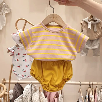 Vasaras Bērnu Apģērbu Komplekts korejiešu Stilā Toddler Zēnu Drēbes Svītrainām Tee un PP Bikses 2 gab Zīdaiņu Meiteņu Drēbes
