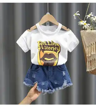 Vasaras Bērnu Apģērbu komplekts Meitenei Bērnu Apģērbs Atbilstu Meitene Bērnu Džinsa Bikses, Kokvilnas T-krekls 2-gabals Īsām piedurknēm Uzvalks