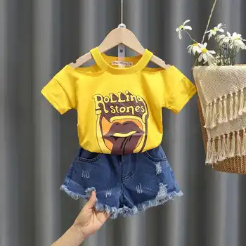 Vasaras Bērnu Apģērbu komplekts Meitenei Bērnu Apģērbs Atbilstu Meitene Bērnu Džinsa Bikses, Kokvilnas T-krekls 2-gabals Īsām piedurknēm Uzvalks