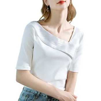 Vasaras Drēbes Sievietēm Pusi Piedurknēm T Krekls Ir 2021. Jaunu Modes Elegants Off Pleca V Kakla Šifona Raibs Kokvilnas Clavicle Augšu