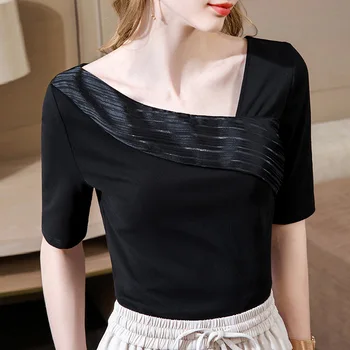Vasaras Drēbes Sievietēm Pusi Piedurknēm T Krekls Ir 2021. Jaunu Modes Elegants Off Pleca V Kakla Šifona Raibs Kokvilnas Clavicle Augšu