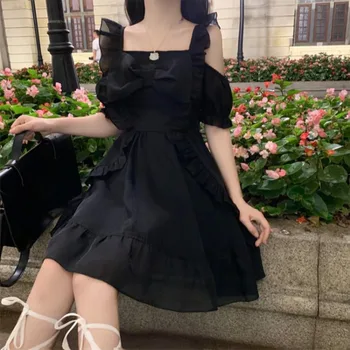 Vasaras Kawaii Gothic Kleita Sievietēm Vintage Sēne Salds Franču Hepburn Kleita Sieviešu Korejas Gadījuma Elegantā Melnā Puse Kleita Ir 2021.