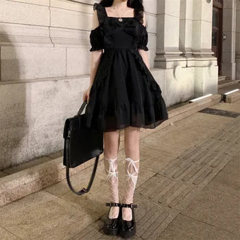 Vasaras Kawaii Gothic Kleita Sievietēm Vintage Sēne Salds Franču Hepburn Kleita Sieviešu Korejas Gadījuma Elegantā Melnā Puse Kleita Ir 2021.