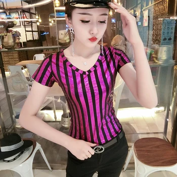 Vasaras korejas Drēbes, T-kreklu Vizuļi Kokgriezums Drukāt Svītrainām Sieviešu Topi Ropa Mujer Krekls ar Īsām Piedurknēm Zemāko Krekls, t-veida, T06332