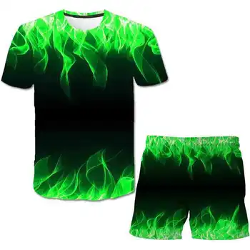 Vasaras liesmas 3D digitālā druka īsām piedurknēm uzvalks T-krekls, pludmales, bikses, uzvalks apaļu kakla gadījuma liesmas vīriešu un sieviešu tērps