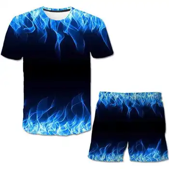 Vasaras liesmas 3D digitālā druka īsām piedurknēm uzvalks T-krekls, pludmales, bikses, uzvalks apaļu kakla gadījuma liesmas vīriešu un sieviešu tērps