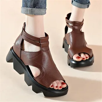 Vasaras Modes sandales īsta āda mīksta zole ērti atvērtu purngalu, ķīļi mātes kurpes dzīvoklis sandales