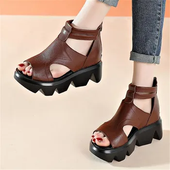 Vasaras Modes sandales īsta āda mīksta zole ērti atvērtu purngalu, ķīļi mātes kurpes dzīvoklis sandales