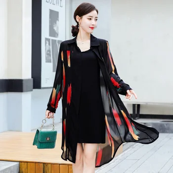 Vasaras mētelis sieviešu modes svītrainām šifona krekli sieviešu jakas korejiešu stilā casual zaudēt garo kimono, dāmu topi apģērbi