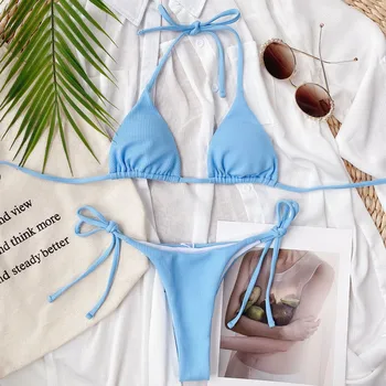 Vasaras Peldkostīms Sievietēm Dūriens Bikini komplekts Pludmales Uzvalks Siksnas Vienkāršu Stila Mini peldkostīms Beachwear Cietā Bedre Bārs Svītras Bikini