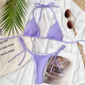 Vasaras Peldkostīms Sievietēm Dūriens Bikini komplekts Pludmales Uzvalks Siksnas Vienkāršu Stila Mini peldkostīms Beachwear Cietā Bedre Bārs Svītras Bikini