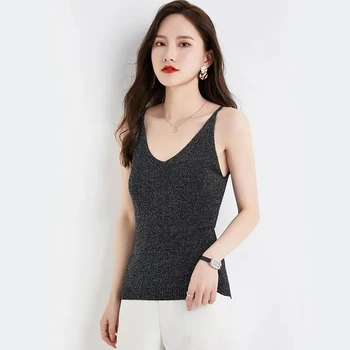 Vasaras sexy ledus zīda V-veida kakla sprādzes ir 2021. jaunu sieviešu modes korejiešu stilā ārējā nodiluma temperaments trikotāžas zemāko veste augšu