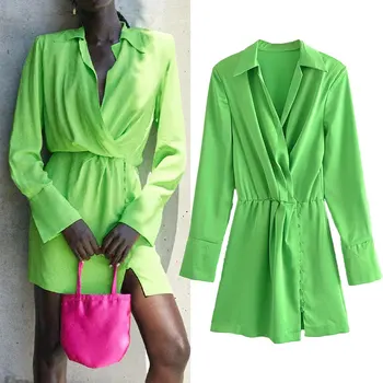 Vasaras Sieviešu Krekls Stila Kleita 2021Za Modes garām Piedurknēm Sexy V-neck Augsts Viduklis Kleitas, Elegants vienkrāsainu Apģērbu Pogām