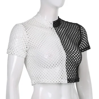 Vasaras Sieviešu Modes Fishnet Izgriezums ar Īsām Piedurknēm Redzēt-ar Apaļu kakla Izgriezumu Krekls Topi Kontrasta Krāsu T-krekls Gadījuma Valkāt Puse