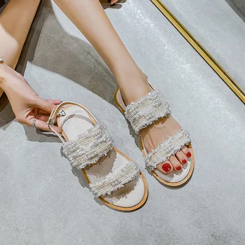 Vasaras sieviešu sandales ir 2021. modes dizainera āra atpūtas pērļu modes čības Ar zemu kurpes sieviešu dzīvoklis mules41-43size