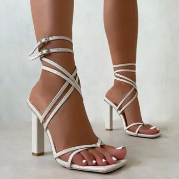 Vasaras sieviešu sandales šaurā joslā vintage kvadrātveida kājām augsti papēži pāri siksniņu sandales sandales sieviešu, V formas dizaina kurpes sievietēm