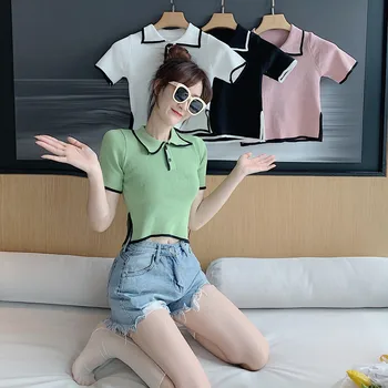 Vasaras Sieviešu Trikotāžas Polo Krekls Buttoned Īsām Piedurknēm Crop Topi Gadījuma Peter Pan Apkakli Polo Krekli