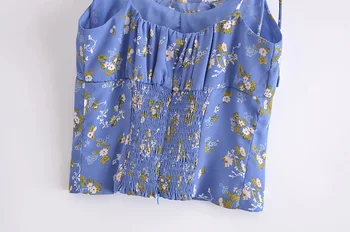 Vasaras sieviešu ziedu drukāt beach sexy crop topi bohēmijas zilā elastīgs īss camis sieviešu vestidos