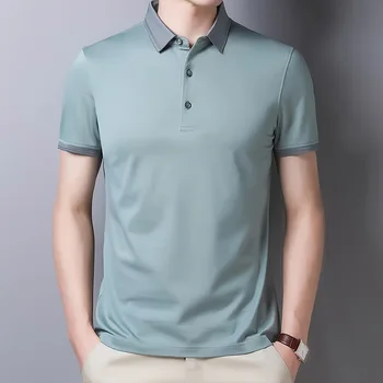 Vasaras Tīru Krāsu Vienkāršu Mulberry Zīda Polo Krekls Vīriešu Īsām piedurknēm T-kreklu, lai Cilvēks Polo Atloks ThinTop korejas Modes Apģērbi