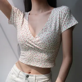 Vasaras V kakla Sexy Kultūraugu Top T Krekls Sievietēm Vintage Ziedu Tops Ar Augsto vidukli Īsām piedurknēm Gadījuma Ir 2021. Jaunas