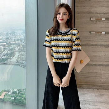 Vasaras Īsām Piedurknēm Trikotāžas Komplekti Sieviešu Modes Svītru Trikotāža T-krekls + Ikdienas Cietā Plaša Kāju Bikses korejiešu Stilā, divdaļīgs Kostīms