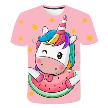 Vasarā Meitenes 4-14 Gadiem Unicorn Karikatūra Izdrukāt T-krekls 3D Cute Karikatūra Poliestera Topi ar Īsām Piedurknēm Tees Bērniem, Izmērs 4-14T Drēbes