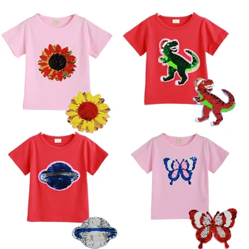 Vasarā Meitenes T-Krekli, Apģērbu 1gb Burvju Sequin Izmaiņu grafiks Dinozauru Kokvilnas Bērnu Gadījuma Modes T Krekls Bērniem, Topi, t-veida