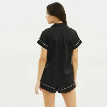 Vasarā Sievietēm, Dāmas Gadījuma Zīda Satīna Pogu Īsām Piedurknēm Sleepwear Krekls+Bikses Pidžamas Komplekti Melna Zila