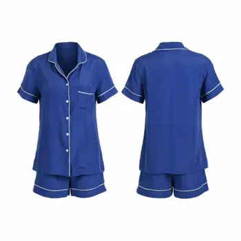 Vasarā Sievietēm, Dāmas Gadījuma Zīda Satīna Pogu Īsām Piedurknēm Sleepwear Krekls+Bikses Pidžamas Komplekti Melna Zila