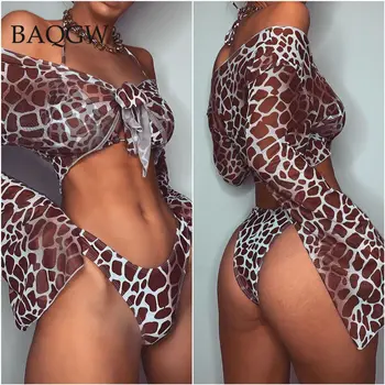 Vasarā Sievietēm Leopards Drukāt Seksīgas Mežģīnes Up 3 Gabals Peldkostīmu Peldkostīms Ar Garām Piedurknēm Topi Push Up Polsterēta Siksna Bikini Komplekts Peldkostīmi