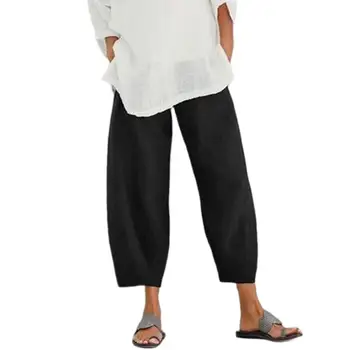 Vasarā Sievietēm Tīrtoņa Krāsu Elastīga Josta Kabatas Zaudēt Devītā Baggy Bikses Gadījuma Bikses Modes Capri Dāmas Apģērbs Ir 2021.