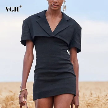 VGH Black Sexy Divas Gabals Sieviešu V Kakla Īsām Piedurknēm Mētelis ar Augstu Vidukli, bez Piedurknēm Kleitas Cietā Komplekti Sieviešu Vasaras Apģērbu 2021