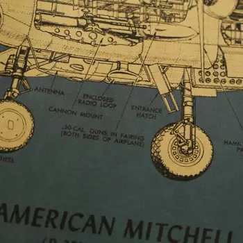 Vidēja Bomber Ziemeļamerikas Mitchell B-25.H Dizaina Zīmēšanas Kraftpapīrs Plakātu Sienas Uzlīmes, Home Apdare, Krāsošanas 50.5x35 cm