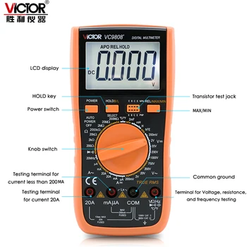 VIKTORS VC9808+ 3 1/2 Patiesa RMS Ciparu Multimetrs 1000 V 20A DC AC Ammeter Voltmetrs Induktivitāte Frekvenču Temperatūra Testeri Mērītājs