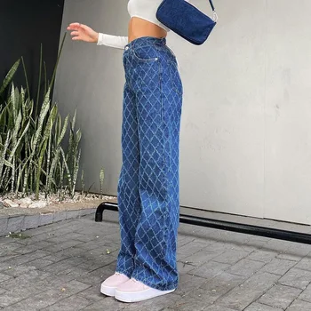 Vintage Adīt Atdzist Meitene Plaša Kāju Bikses Pārbaudītājs Pleds Drukāt Dimanta Sieviešu Augstās Jostasvietas Bikses Harajuku Plaša Kāju Bikses Streetwear