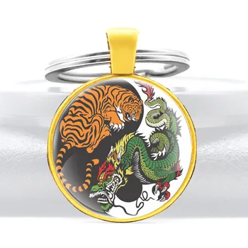 Vintage Dragon Tiger Cīņa Dizains, Stikla Cabochon Metāla Kulons Atslēgu Piekariņi, Šarmu Vīrieši Sievietes Atslēgu, Gredzenu, Rotaslietas, Dāvanas, Keychains