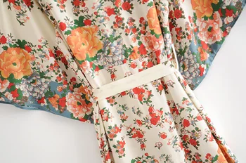 Vintage Elegantas Sievietes Multi Ziedu Drukāt Vērtnes Bohēmijas Kimono Dāmas V Plats Kakla Uzmavas Boho Maxi Kleita Drēbes